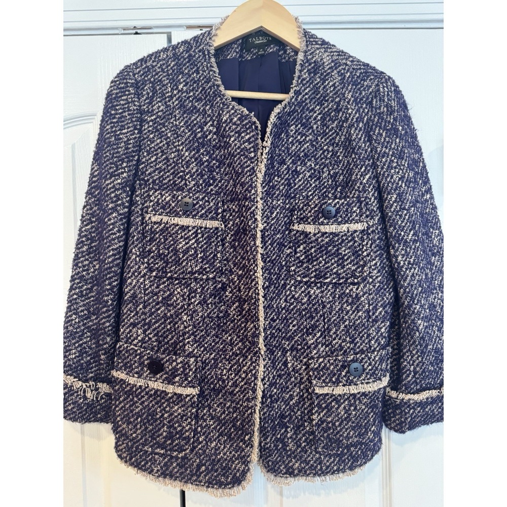 Talbots Womens 14 Navy Blue Wool Mohair Alpaca Blend Fringe Tweed Jacket Blazer